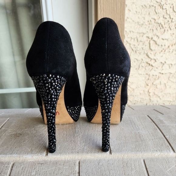 B Brian Atwood Black Suede Bea Crystal Studded Platform Pumps - Picture 7 of 9
